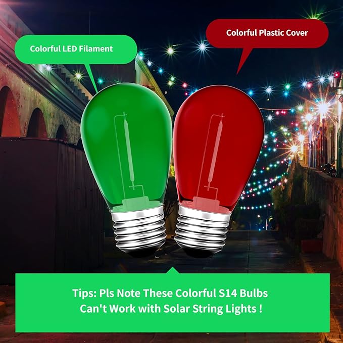 S14 Colored LED String Light Bulbs, 24-Pack 1W Plastic Shatterproof Waterproof Outdoor Indoor Replacement Bulbs for Home Decor, E26 Medium Screw Base, Red and Green Christmas Bulbs