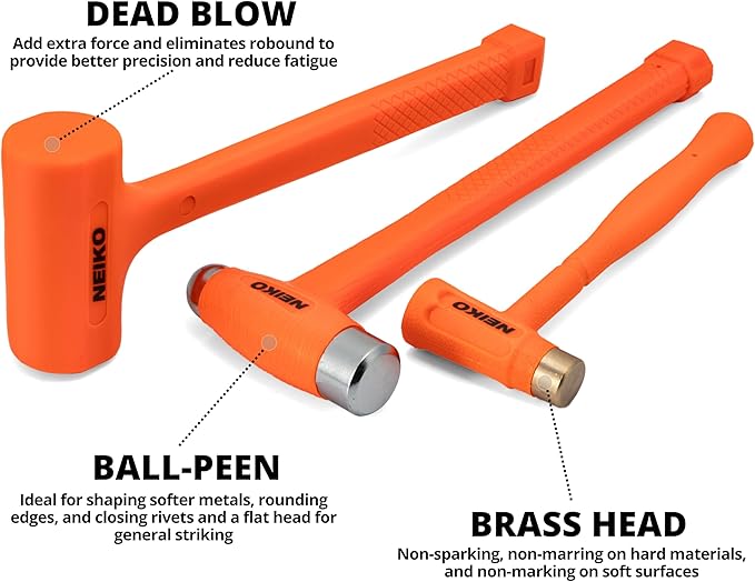 NEIKO 02889A Dead Blow Hammer Set, 3-Piece Variety Pack, 1-1/2 LB Deadblow, 12oz Brass Cap, 16oz Ball-Peen, Brass, Dead Blow Mallet, Soft Blow