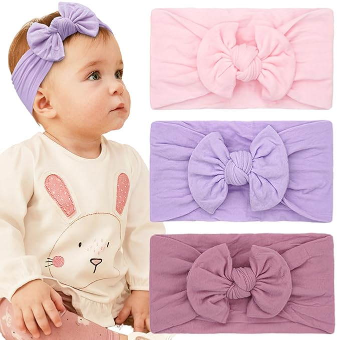 JOYOYO 3 Colors Soft Wide Turban Baby Headbands with 4.5 inches Hair Bow Headbands for Baby Girls Infants Newborn Hair Accessories Toddlers Kids and Children(Pink Purple Purple)