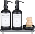 [Luxury] Kitchen Soap Dispenser Set - 16OZ Black Glass Bottle, Stainless Steel Pump, Instant Dry Tray, Waterproof Labels, Non-Slip Silicone Pad, and Dish Brush | Upgrade for Your Kitchen and Bathroom
