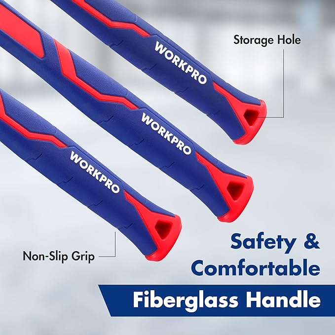 WORKPRO 5-Piece forge/Polish Steel Head, Fiberglass Handle Set - 32oz Rubber Mallet | 16oz Claw & Ball-Peen Hammers | 3lb Sledge | 22oz Double-Faced Mallet