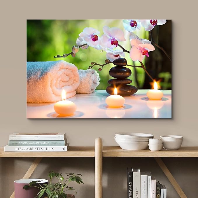 wall26 Canvas Print Wall Art Massage Stones, Candles & Orchid Flowers Floral Botanical Photography Realism Tropical Zen Colorful Multicolor Ultra for Living Room, Bedroom, Office - 16"x24"