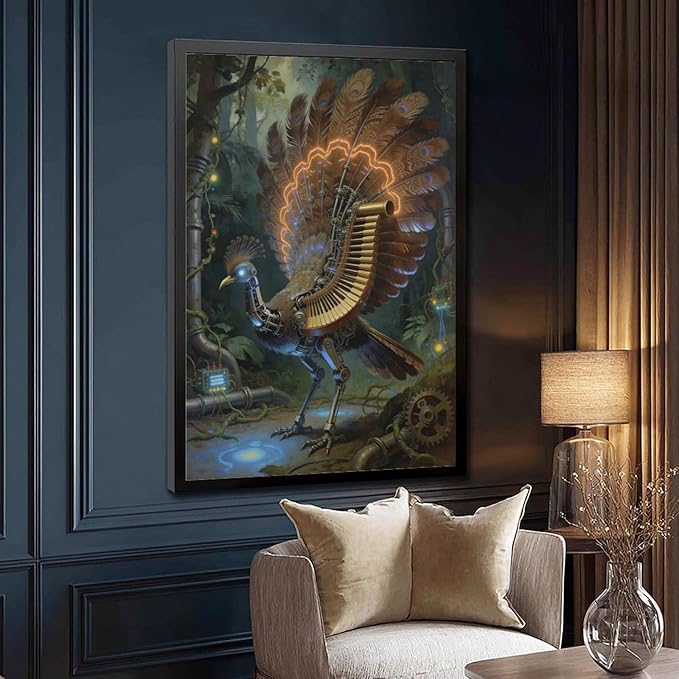 Framed Mechanical Fantasy Wall Art for Living Room TV Wall Vintage Steampunk Aesthetic Home Decor 16x24in