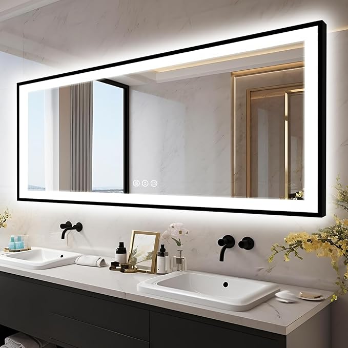 96x36 Large LED Bathroom Mirror with Lights - Black Aluminum(Front and Backlit),Anti-Fog Lighted Mirror for Wall,Stepless Dimmable Lighted Mirror,3 Colors Smart Mirror(Horizontal/Vertical)