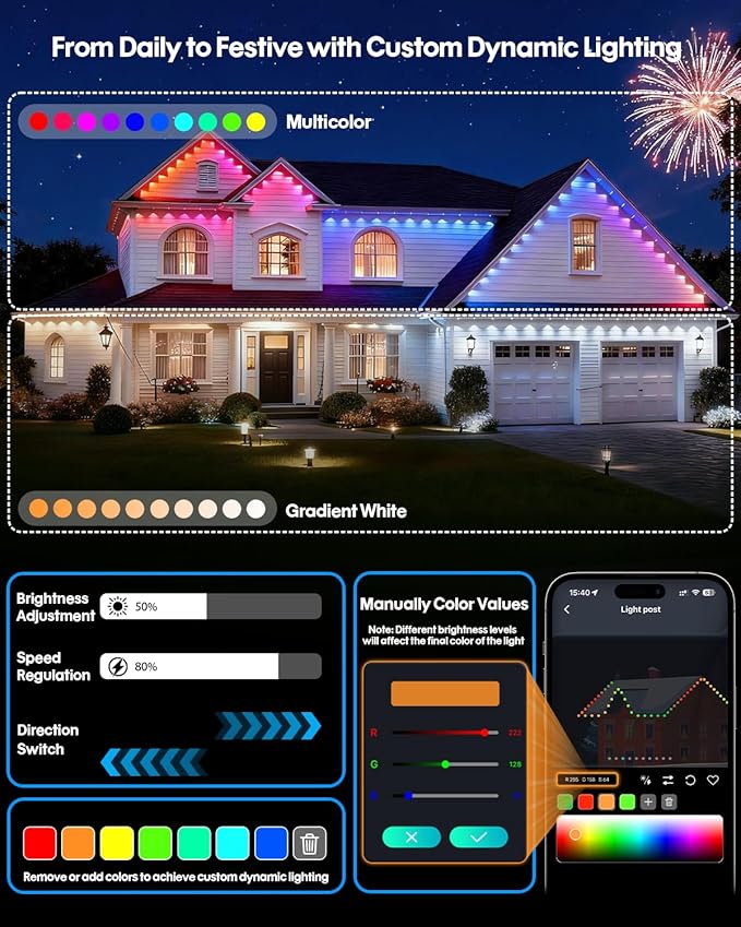 Permanent Outdoor Lights 50FT, Smart RGB+IC Eave Lights with Remote APP Control, DIY LED Color Individual, White & Colorful Christmas String Light, IP67 Waterproof for House Outside Decor