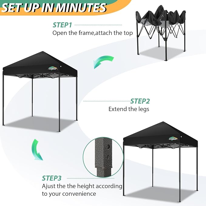 COBIZI 6.6x6.6ft Pop Up Canopy Tent, Heavy Duty Canopy Easy Set up All Weather Waterproof Outdoor Canopy Tent for Parties, Beach, Garden, Camping with 1 Handbag, 3 Adjustable Heights, UPF50+, Black