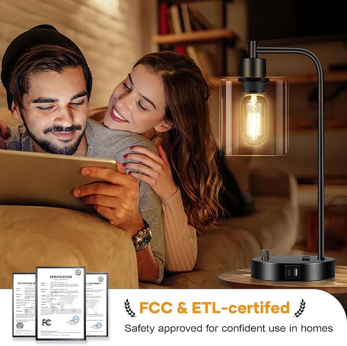 Industrial Table Lamp with USB A+C Ports and Outlet, Fully Stepless Dimmable Modern Nightstand Lamp, Glass Shade Bedside Desk Lamp for Bedroom Living Room Office, 8W 2700K LED Edison Bulb Included.