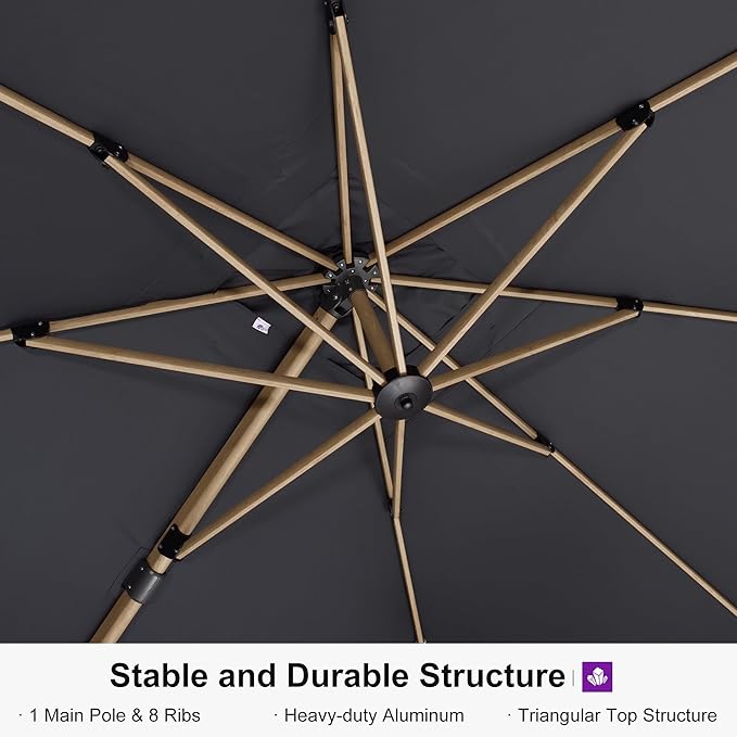 PURPLE LEAF 10‘ x 13’ Rectangle Patio Cantilever Umbrella With Base Large Hanging Umbrella Teak Finished Aluminum Frame Windproof Offset Outdoor Sun Umbrellas for Beach Pool Deck, Grey