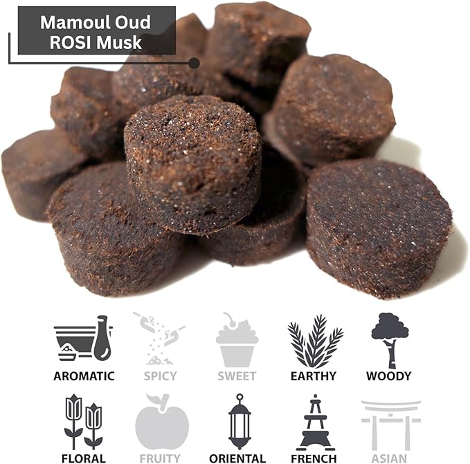 Mamoul Oud ROSI Musk 80g Rose Incense (Pressed Resin Disks) | Use with Coal for Incense Burning or Electric Bukhoor Burner (Carbon para Incienso) | Compatible with Bakhoor Pro 2 in 1 Hair Diffuser