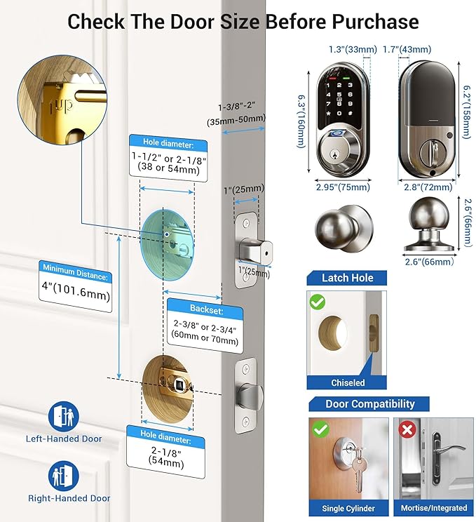 Veise RZ07C Smart Locks for Front Door, 2 Knob Handle Set, Fingerprint Keyless Entry, App Control Biometric Lock, Electronic Digital Touchscreen Keypad Deadbolt, Easy Install, Auto Lock, Satin Nickel