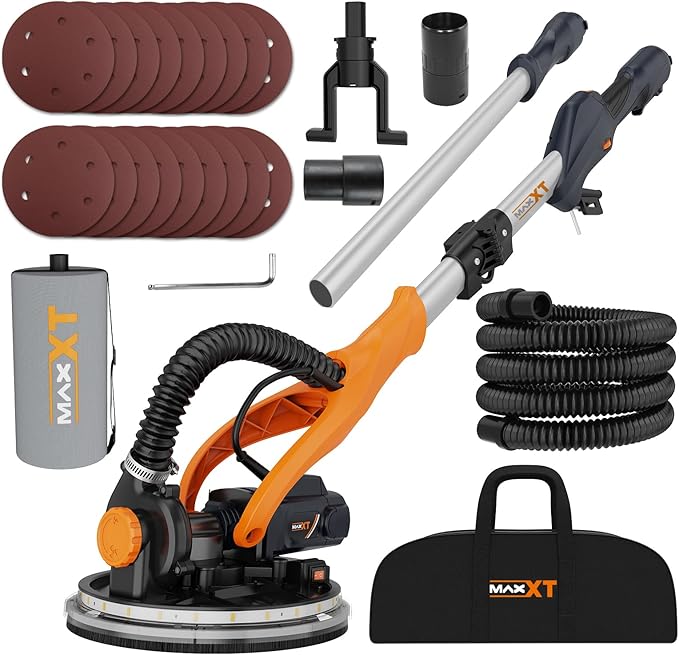 MAXXT Drywall Sander with Vacuum Dust Collection, Popcorn Ceiling Removal Tool, 6 Variable Speed Foldable Telescopic Electric WallSander, 600-1900RPM Power Sander Tool, LED Light, 18Pcs Sanding Discs