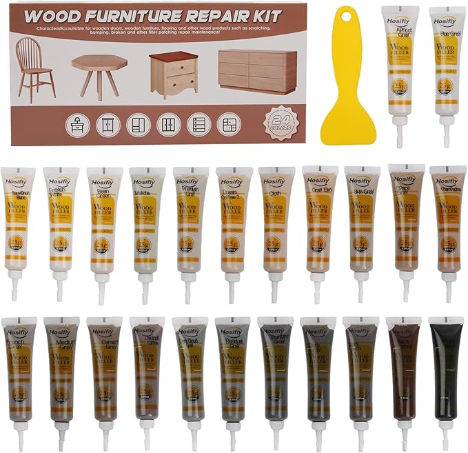 Wood Furniture Repair Kit, 24 Colors Wood Touch up Filler, Repair Scratch, Cracks, Stains, Discoloration for Wood Furniture, Door, Cabinet, Floor, Table Surface Wood - Gray Series