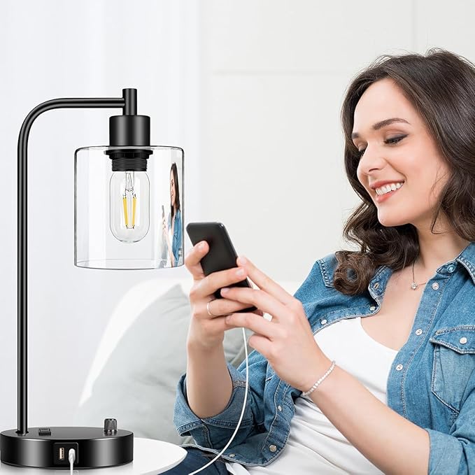 Industrial Table Lamp with USB A+C Ports and Outlet, Fully Stepless Dimmable Modern Nightstand Lamp, Glass Shade Bedside Desk Lamp for Bedroom Living Room Office, 8W 2700K LED Edison Bulb Included.