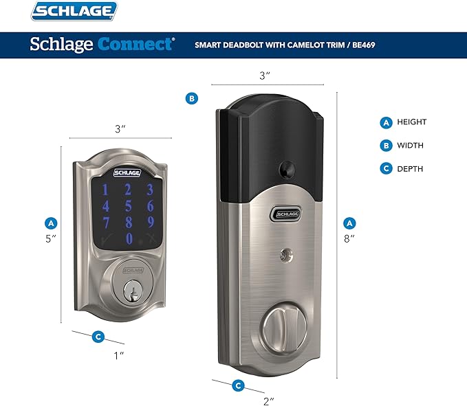 SCHLAGE BE469ZP CAM 605 Connect Smart Deadbolt With Alarm Inbuilt Camelot Trim In Bright Brass