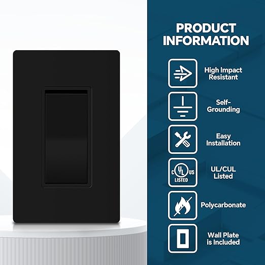 ThunderWay Matte Black Single Pole Decorator Light Switch with Screwless Wall Plate, 15 A 120/277 V, ON/Off Rocker Paddle Interrupter, Self-Grounding, Residential Grade,UL Listed (10 Pack)