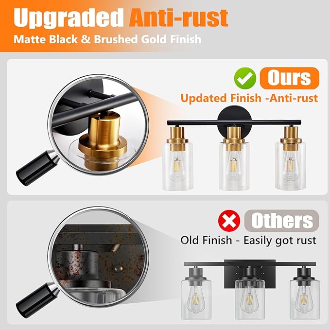DLLT 3-Light Bathroom Light Fixtures: Black and Gold Modern Vanity Lights with 3 E26 Bulbs - Clear Glass Shade Bathroom Wall Lamp for Mirror Kitchen Living Room Hallway Cabinet Porch