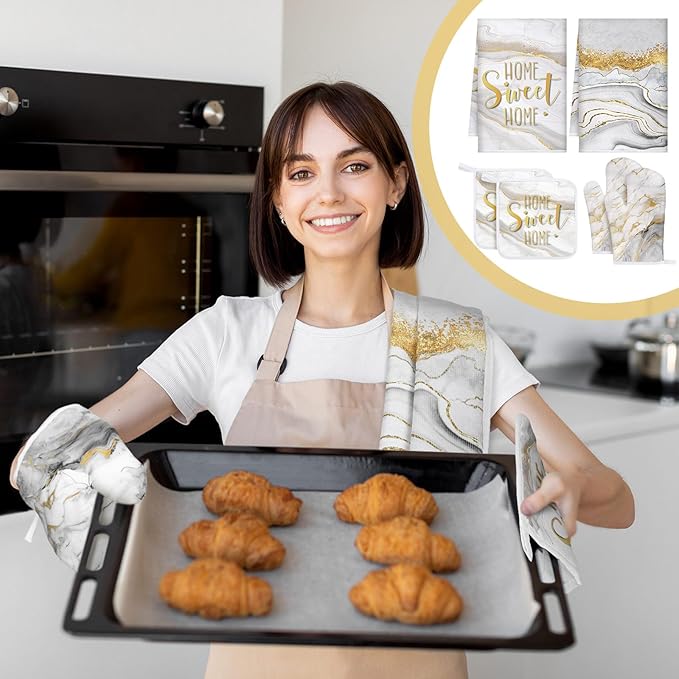 Bencailor 6 Pcs Marble Kitchen Decor Gold Pot Holders Oven Mitts 2 Dish Towels 2 Farmhouse Cooking Mittens Oven Glove and Potholder for Baking Cooking Grilling Supply Accessories(White)