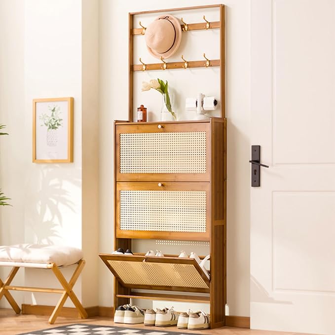 Modern Free Standing Rattan Coat Rack with 3 Flip Drawers 3Tier Shoe Storage Organizer for Entrance Hallway Natural and Stylish Design(50x17x186cm)