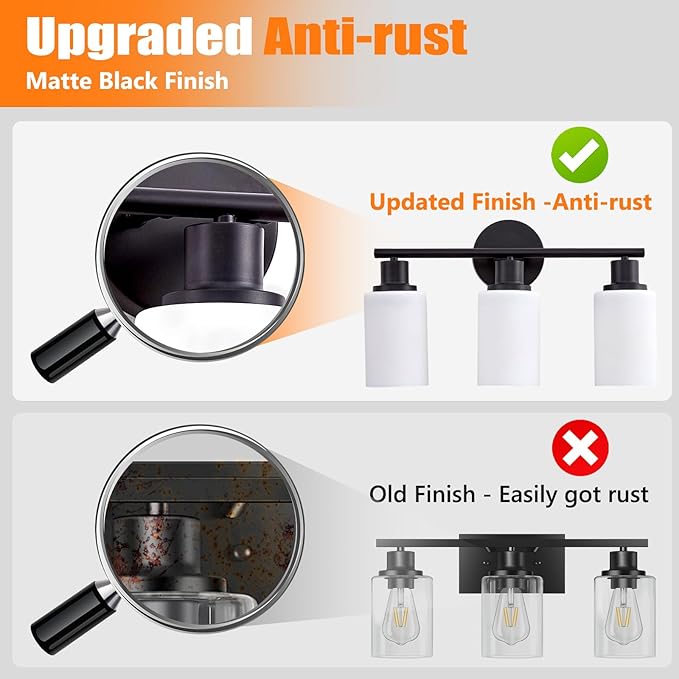 DLLT 3-Light Bathroom Light Fixtures: Black Modern Vanity Lights with E26 Bulbs - Milky White Glass Shade Bathroom Wall Lamp for Mirror Kitchen Living Room Hallway Cabinet Porch