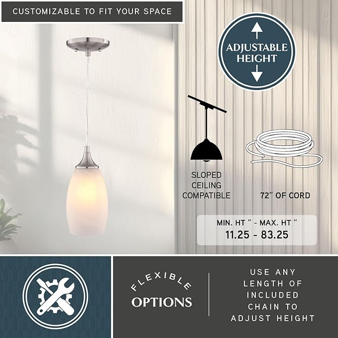 VAXCEL Milano 1-Light 4.75 in. Wide Satin Nickel Bell Mini Pendant with White Alabaster Glass Shade, Adjustable Height Hanging Ceiling Fixture for Dining Room, Kitchen Table, Entryway, Bar, Island
