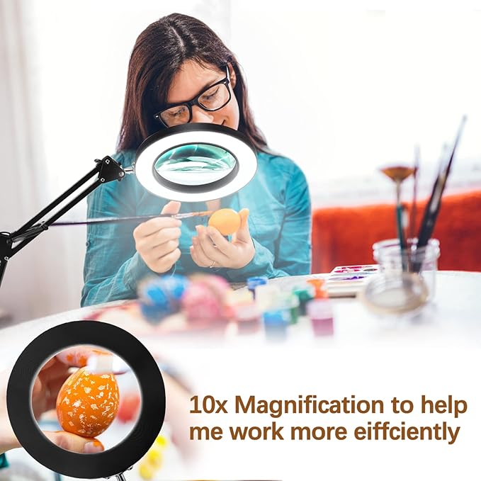 10X Magnifying Glass with Light and Clamp, Magnifier with Light Hands Free3 Color Modes Stepless Dimmable, 72 LEDs Real Glass Lens Magnifying Lamp for Close Work, Repair, Reading, Craft