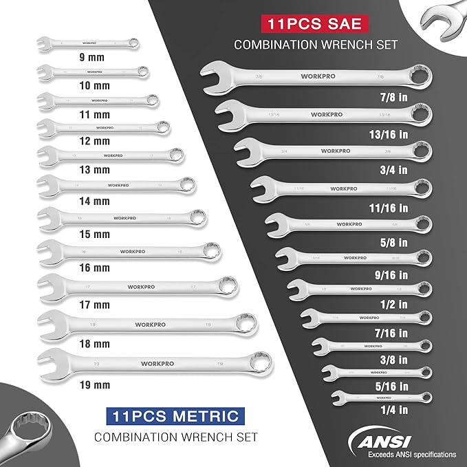 WORKPRO Mechanics Wrench Set Metric and Standard, 22PCS Complete Combination Wrenches Set. SAE 1/4" to 7/8", Metric 9mm to 19mm, Automotive Wrench Set with Rack Organizer