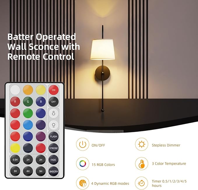 Wall Decor Sconces Set of Two Battery Operated, Rechargeable Wireless Wall Lights for Living Room Bedroom, 2 Battery Powered Wall Lamp with Magnetic Dimmable RGB Bulbs & Remote - Black
