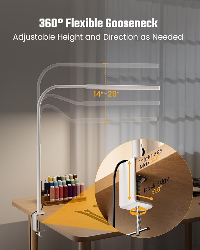 SUPERDANNY Eye-Caring LED Desk Lamp 360° Flexible Gooseneck Work Lamp with Desk Side Clamp Touch Control 3 Light Colors Smooth Dimming Task Lighting Reading Light for Home Office College Dorm, White