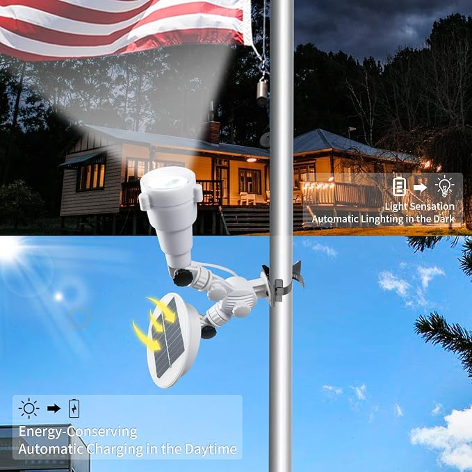 Solar Flag Pole Light, Flagpole Light Solar Powered, Super Bright PC Crystal LED Spotlights, Upgraded 2200mAh 145Lm, Adjustable Bracket & Metal Clamp Fits 1-1.5" Flagpole, 8-12 Hrs
