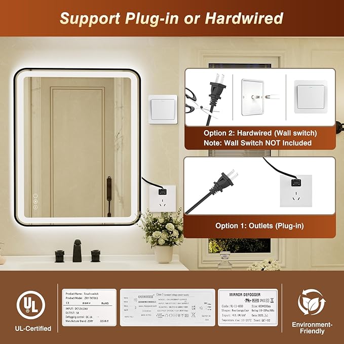 32x40 Inch LED Bathroom Mirror with Black Frame,Front and Backlit Vanity Mirror,Tempered Glass,Stepless Dimmable Wall Mirrors with Anti-Fog, 3 Colors, Memory, Waterproof, LED Smart Bathroom Mirror
