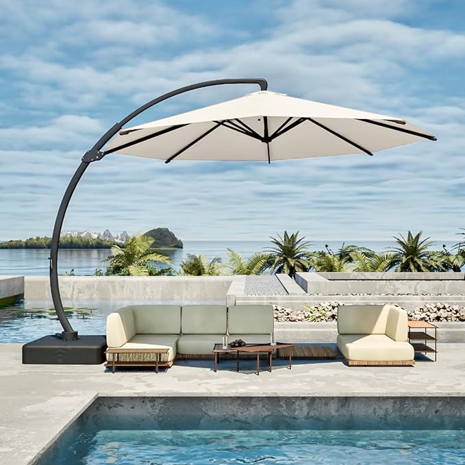 11FT Cantilever Umbrella with Base Large Curvy Outdoor Aluminum Offset Umbrella w/ 360° Rotation, UV Resistant Canopy for Patio, Garden, Backyard, Creamy White