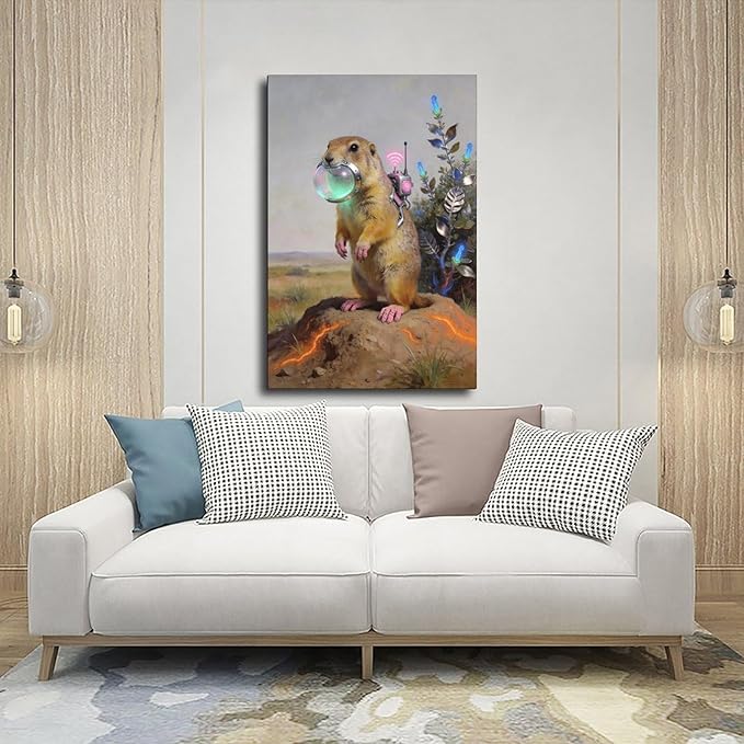 Framed Steampunk Mechanical Prairie Dog Wall Art - Retro-Futuristic Wilderness Poster for Living Room Game Room Decor 16x24inch(40x60cm)