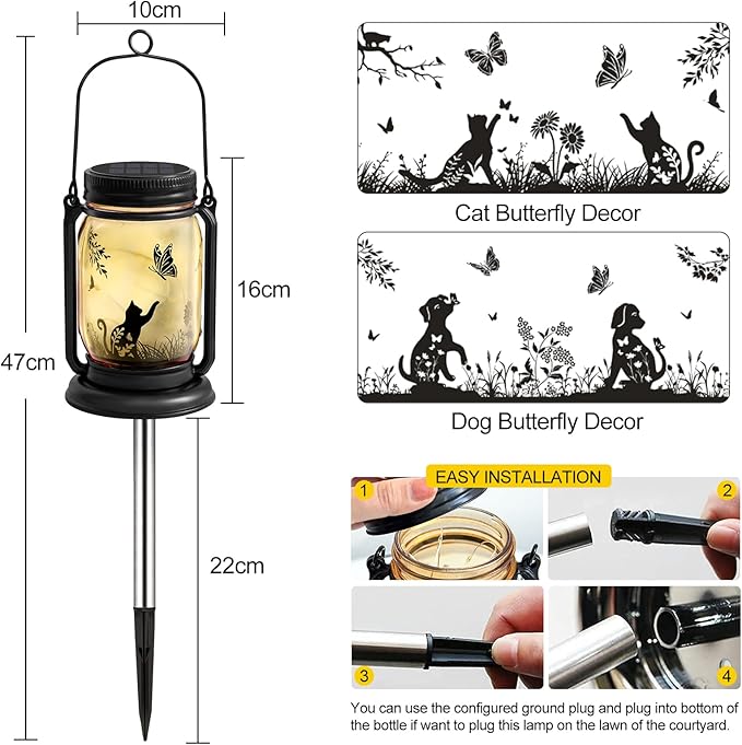 YJFWAL Solar Cat & Butterfly Lanterns Outdoor Waterproof - Cat Lover Gifts for Women Mom Grandmom Birthday Mothers Day, LED Hanging Mason Jar Fairy Lights for Garden Yard Patio Decor