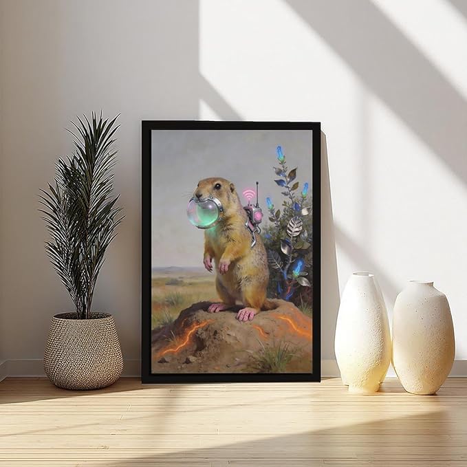 Framed Steampunk Mechanical Prairie Dog Wall Art - Retro-Futuristic Wilderness Poster for Living Room Game Room Decor 24x36in