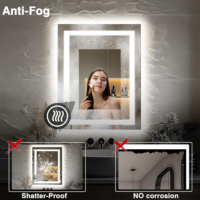 24"x36" LED Bathroom Mirrors for Wall, Front and Backlit, Anti-Fog Vanity Mirror with Lights, Stepless Dimmable Lighted, 3 Colors Smart Mirror (Horizontal/Vertical)