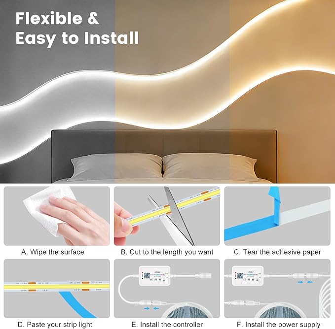 COB LED Strip Lights 32.8ft, Tunable CCT LED Strip 10m, 24V High Density Dotless Tape Light 3000K-6000K, DIY Cuttable Flexible Kit with Remote & Power Plug for Large Room Kitchen Cabinet Decor