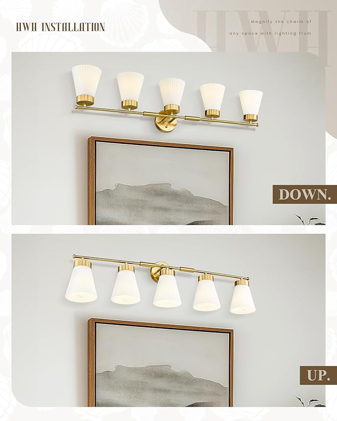 Bathroom Light Fixture, HWH 5-Light Bathroom Vanity Light Brushed Gold Vanity Lighting Over Mirror, Modern Vanity Lights with Frosted White Striped Glass, 5HZG97B-5W BG