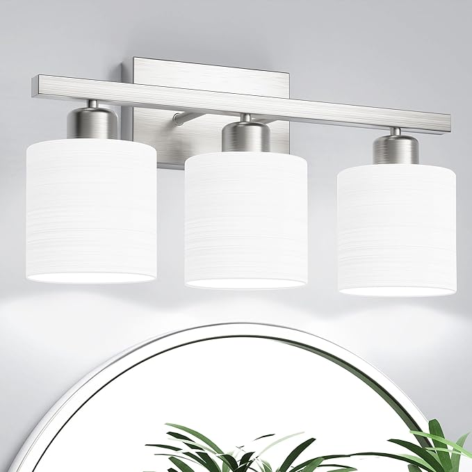PARTPHONER Bathroom Light Fixtures, Bathroom Lighting Fixtures Over Mirror, Classic Vanity Lights, Modern Vanity Light with Textured Frosted Opal White Glass Shades, Brushed Nickel, 3-Light