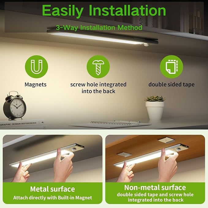Motion Sensor Under Cabinet Lighting-Magnetic Rechargeable Closet Lights for Kitchen,Stairs,Wardrobe | 3-Color Dimmable LED Under Counter Lighting | Cord-Free Light Bars