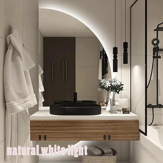 Half Moon LED Mirror for Bathroom,3-Color Dimmable Smart Vanity Mirror, Frameless Backlit Anti-Fog Half Moon Mirrors for Wall(Left Semicircle, 16 * 31in/40 * 80cm)