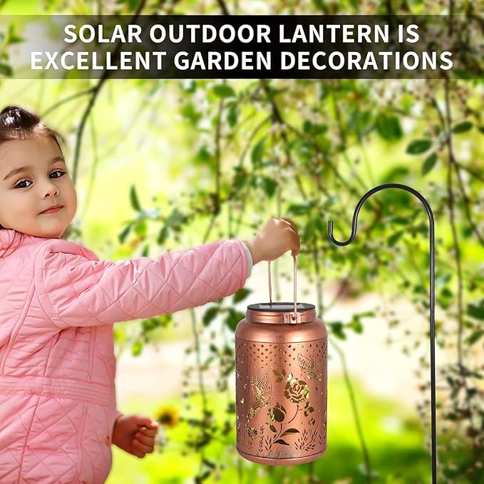 2 Pack Solar Lanterns Outdoor Waterproof, Butterfly Rose Garden Decor Birthday Gifts for Women Mom Grandma Hanging Solar Lights Metal Solar Decoration Outside for Yard, Patio, Lawn