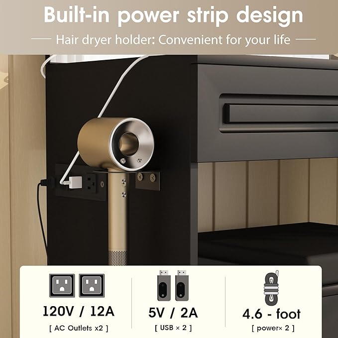Fameill Vanity Desk with Lighted Mirror & Power Strip,Large Vanity Table with Glass top and Lots Storage,3 Drawer Makeup Desk with Hair Dryer Stand,3 Lighting Modes,Black