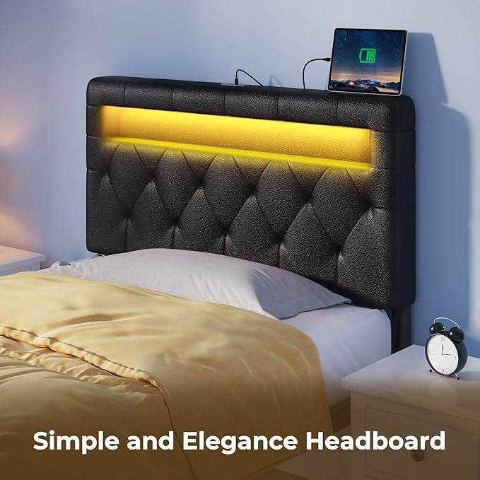 GREENSTELL Headboard for Twin Size Bed with 60,000 DIY Color of LED Light, USB & Type C Post, Attach Frame, Height Adjustable, Black Wall Mounted Head Boards Only, Sturdy & Stable, Comfortable, Twin