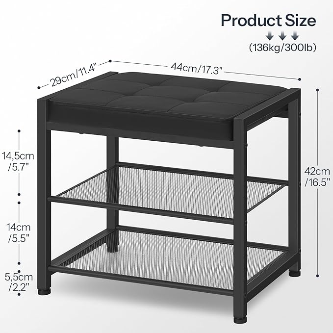 HOOBRO Small Shoe Bench, 3-Tier Shoe Rack, Shoe Storage Bench with PU Seat Cushion, Entryway Shoe Rack Bench with Metal Mesh Shelves, Freestanding Shoe Organizer for Hallway, Black BB33HX01