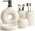 Ceramic Bathroom Accessory Set, 5 Pcs - Soap Dispenser 16 Oz, Toothbrush Cup, Toothbrush Holder, Soap Dish, Candle Holder - Beige, Boho Bathroom Sink Decor, Modern Countertop Accessories