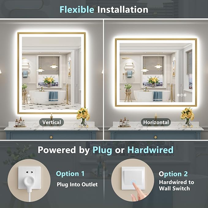 44x36 Gold Beveled LED Bathroom Mirror with Lights, Brushed Gold Framed Backlit and Front Lit Anti-Fog Lighted Vanity Mirrors for Bathroom Wall, Dimmable, 3 Colors, Memory, HD Tempered Glass