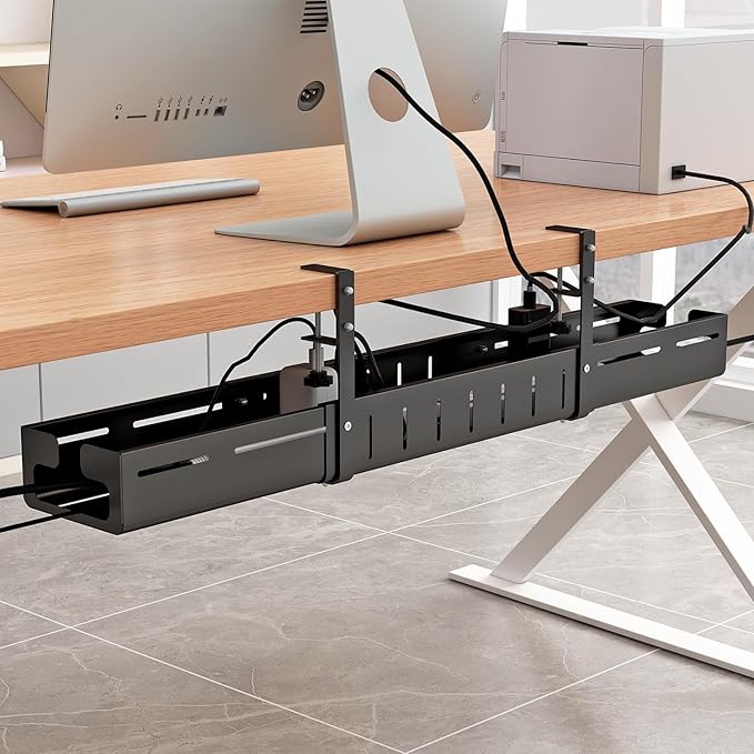 Under Desk Cable Management Tray, Expandable Length 25.2"-38.6",No Drill No Damage to Desk,Cable Tray with Clamp for with Wire Management,for Cord Organizer for Home Office Standing Desk, Black