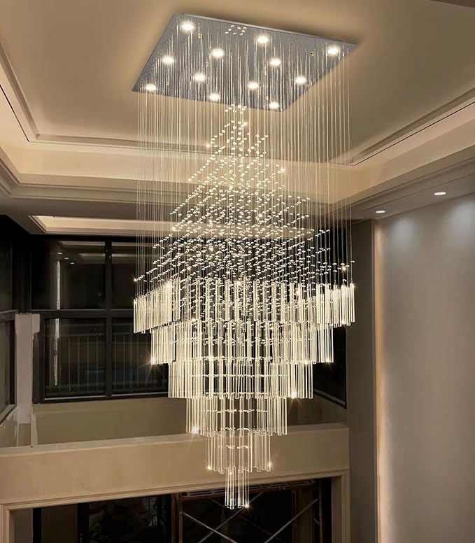 W32 x H120 Glam Chandelier with LED Bulbs Square Chandeliers, Crystal Raindrop High Ceiling Pendant Light for Entrance Large Villa Chandelier Foyer Lighting Fixtures Silver