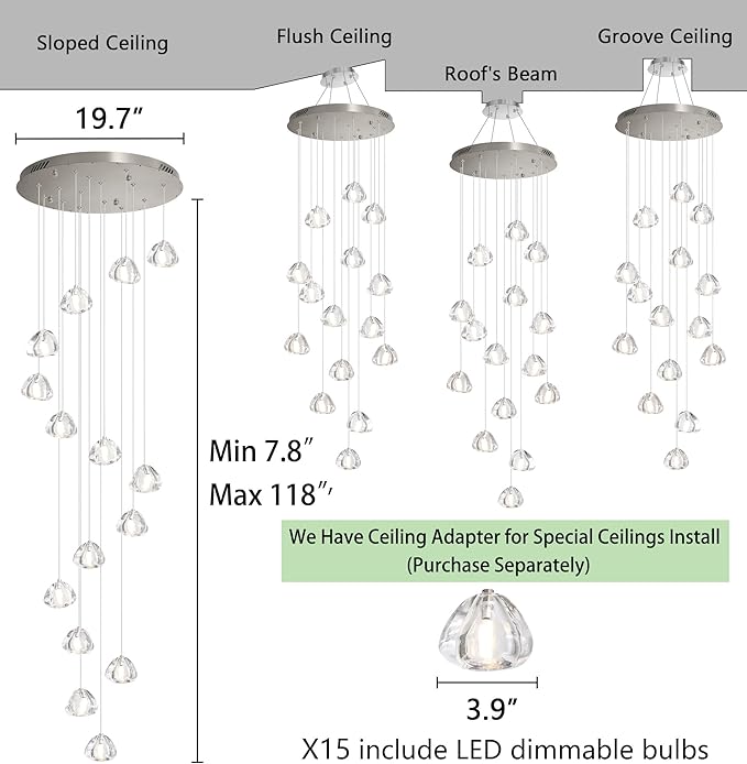LED Glam Chandelier 118 inches Long Light Luxury Crystal Ceiling Chandeliers Remote Dimmable High Ceiling Pendants Lighting Fixtures Brushed Nickel 15 Lights
