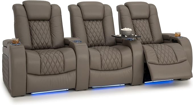 Seatcraft Diamante Zero-Gravity CoolZero Italian Leather Home Theater Seating, Power Headrest, Power Recline, Row of 3, Gray